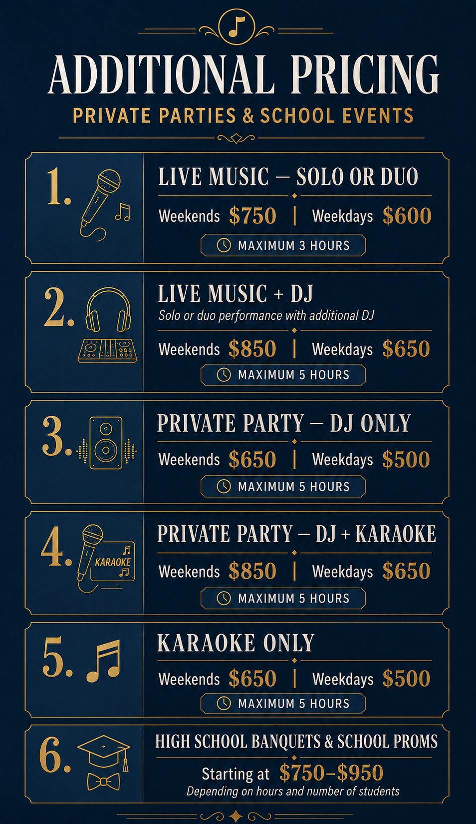 Additional pricing - private parties & school events